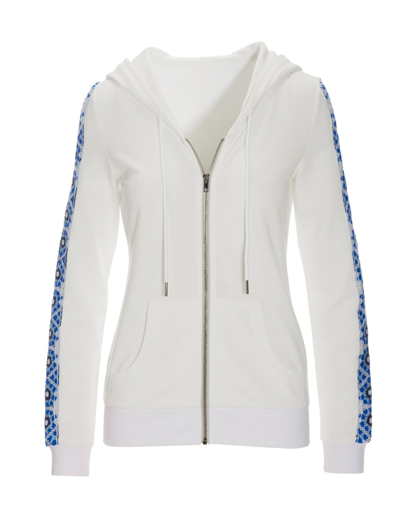 Crochet-Inset Zip-Up Hooded Jacket Off White Multi
