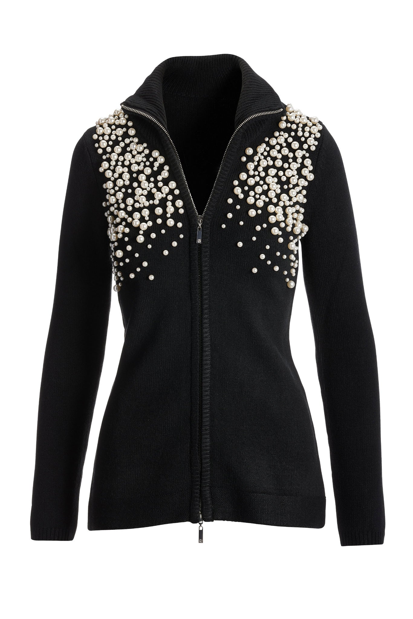 Pearl Embellished Zip-Up Cardigan Sweater Black