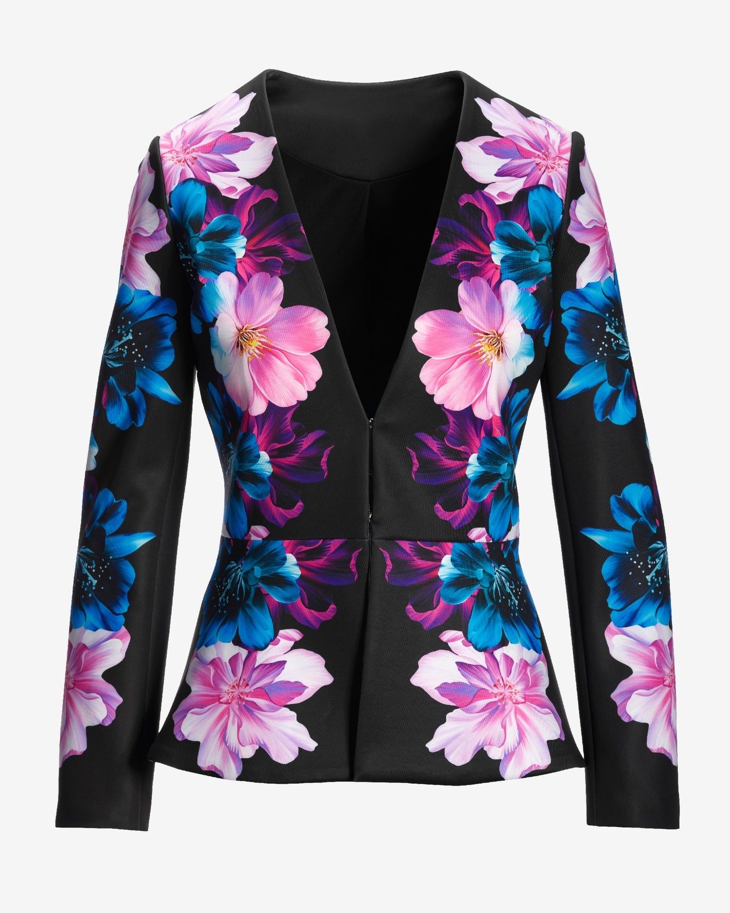 Midnight Garden Placed Print Peplum Scuba Jacket Black