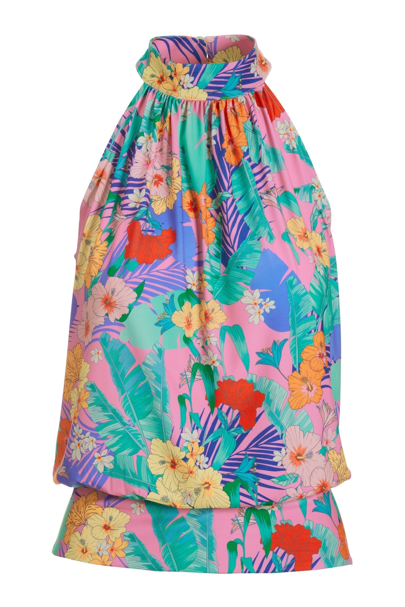 Tropical Mock Neck Halter Banded Bottom Top Multi