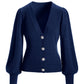 Embellished Button Puff Sleeve Cardigan Navy
