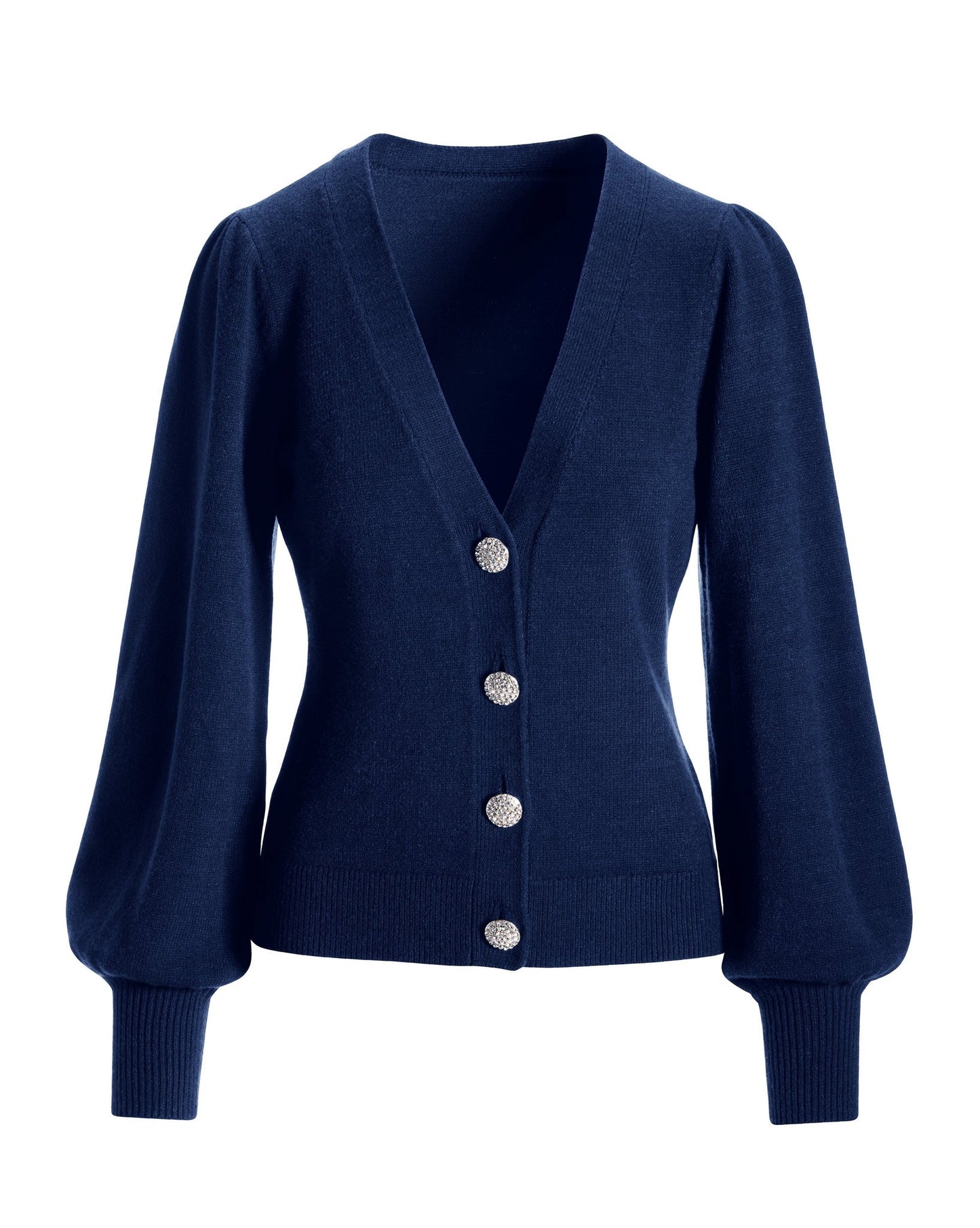 Embellished Button Puff Sleeve Cardigan Navy