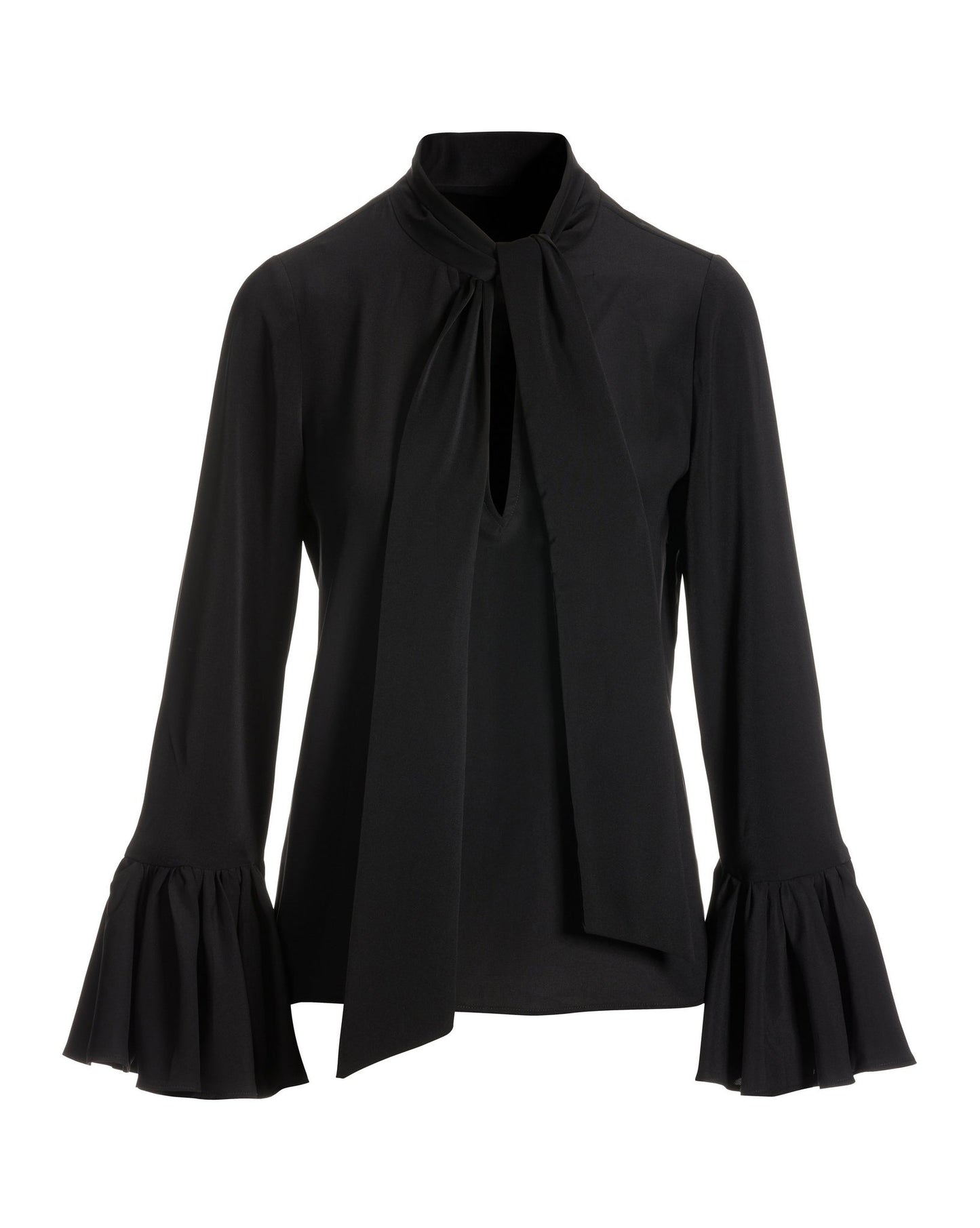Keyhole Tie Neck Ruffle Sleeve Blouse Black