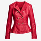 Genuine Leather Double Breasted Peplum Jacket Rose Red