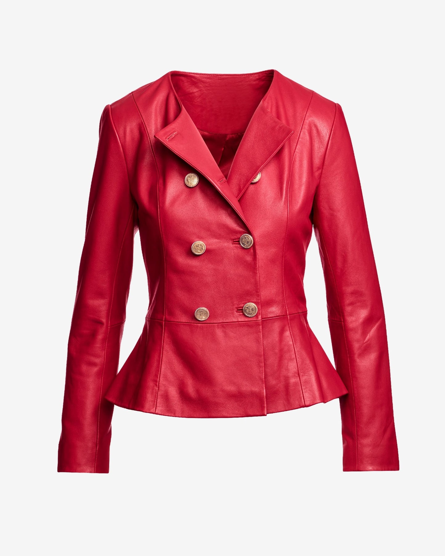 Genuine Leather Double Breasted Peplum Jacket Rose Red