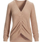 Textured Ruched V-Neck Knit Long-Sleeve Top Taupe