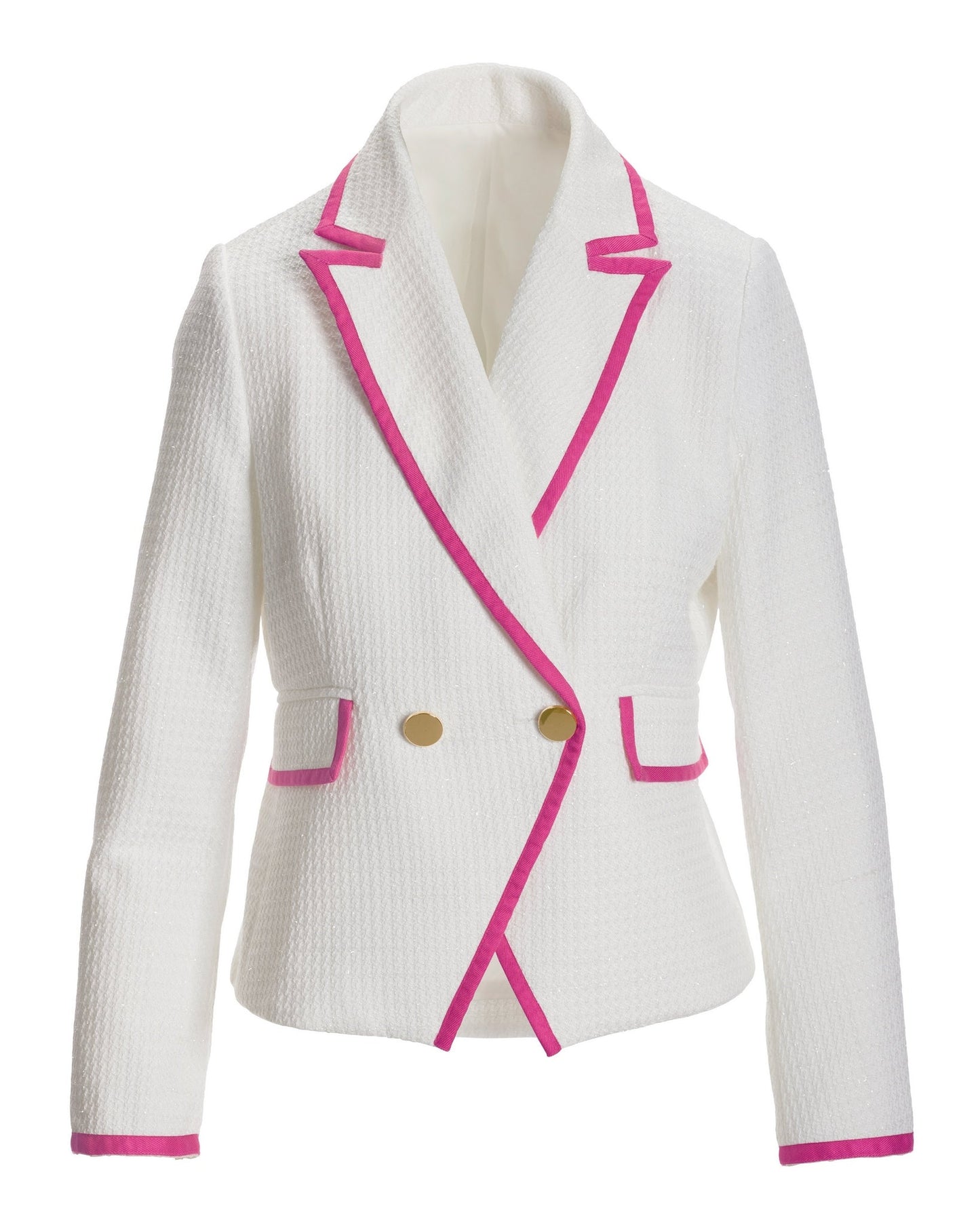 Shimmer Tweed Piped Double Breasted Blazer White/Pink
