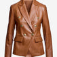 Faux Leather Croc Double Breasted Blazer Cognac