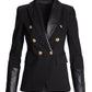Leather Detailed Modern Double-Breasted Blazer Black