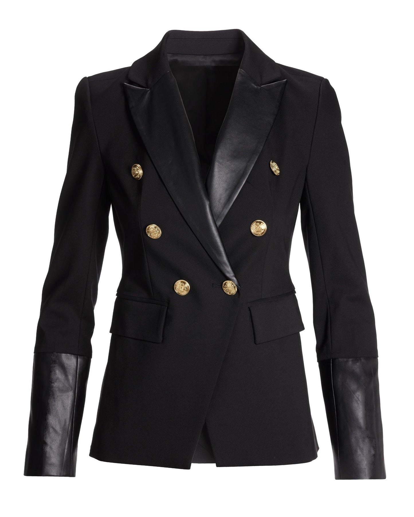Leather Detailed Modern Double-Breasted Blazer Black