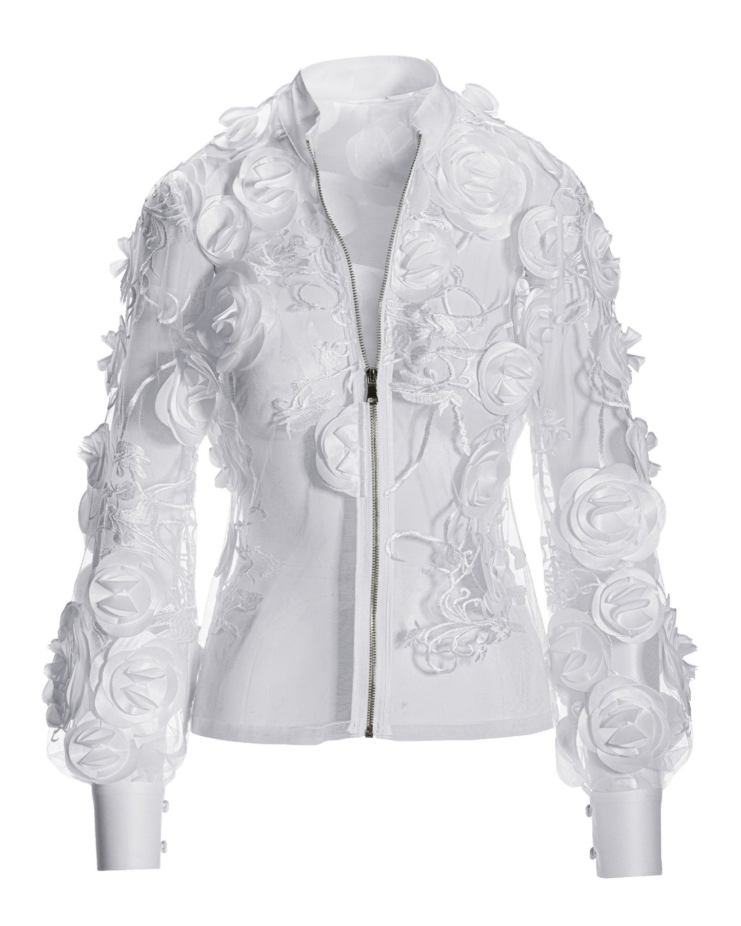 Mesh 3D Rosette Zip Jacket White