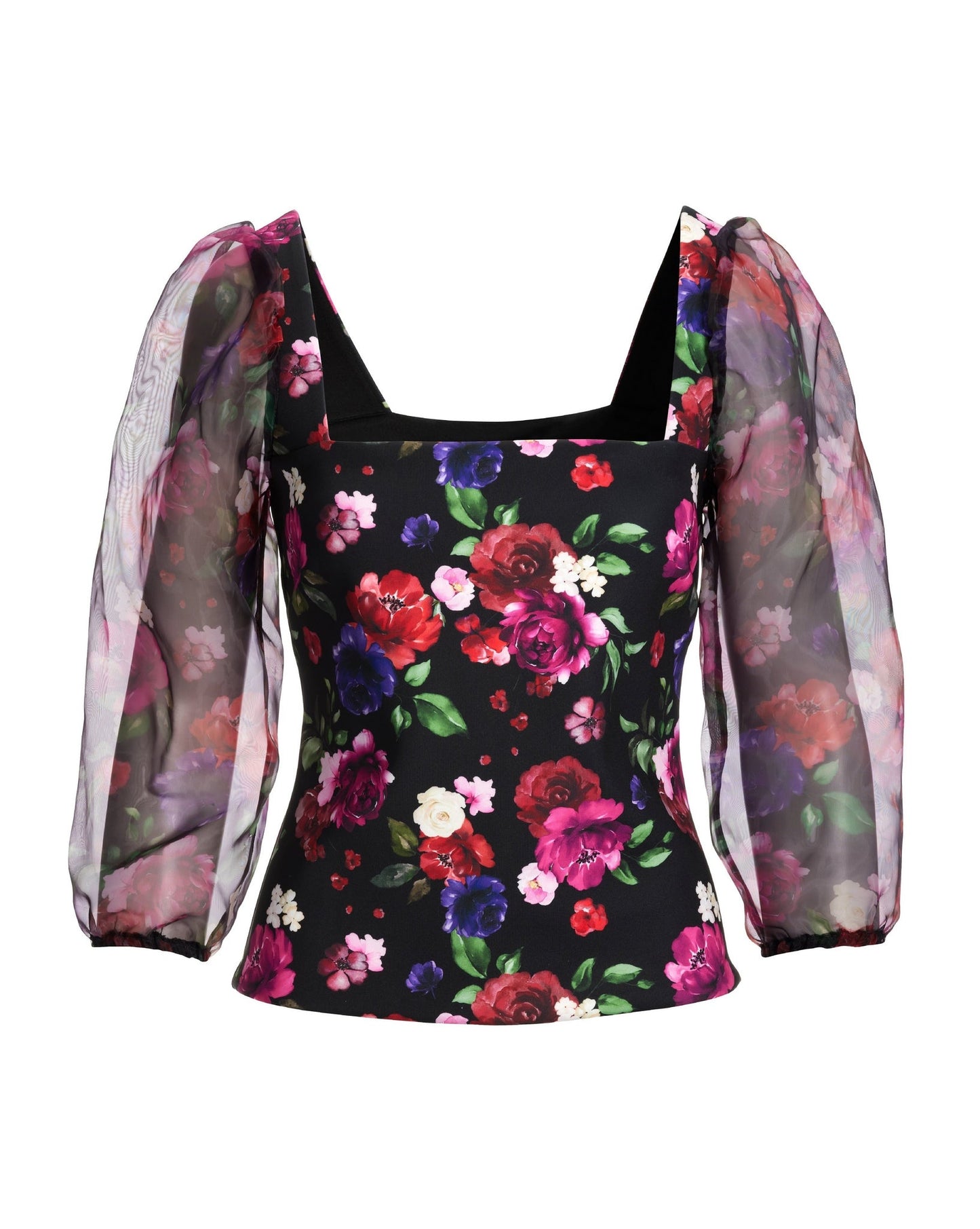 Floral Scuba and Organza Sleeve Top Multi