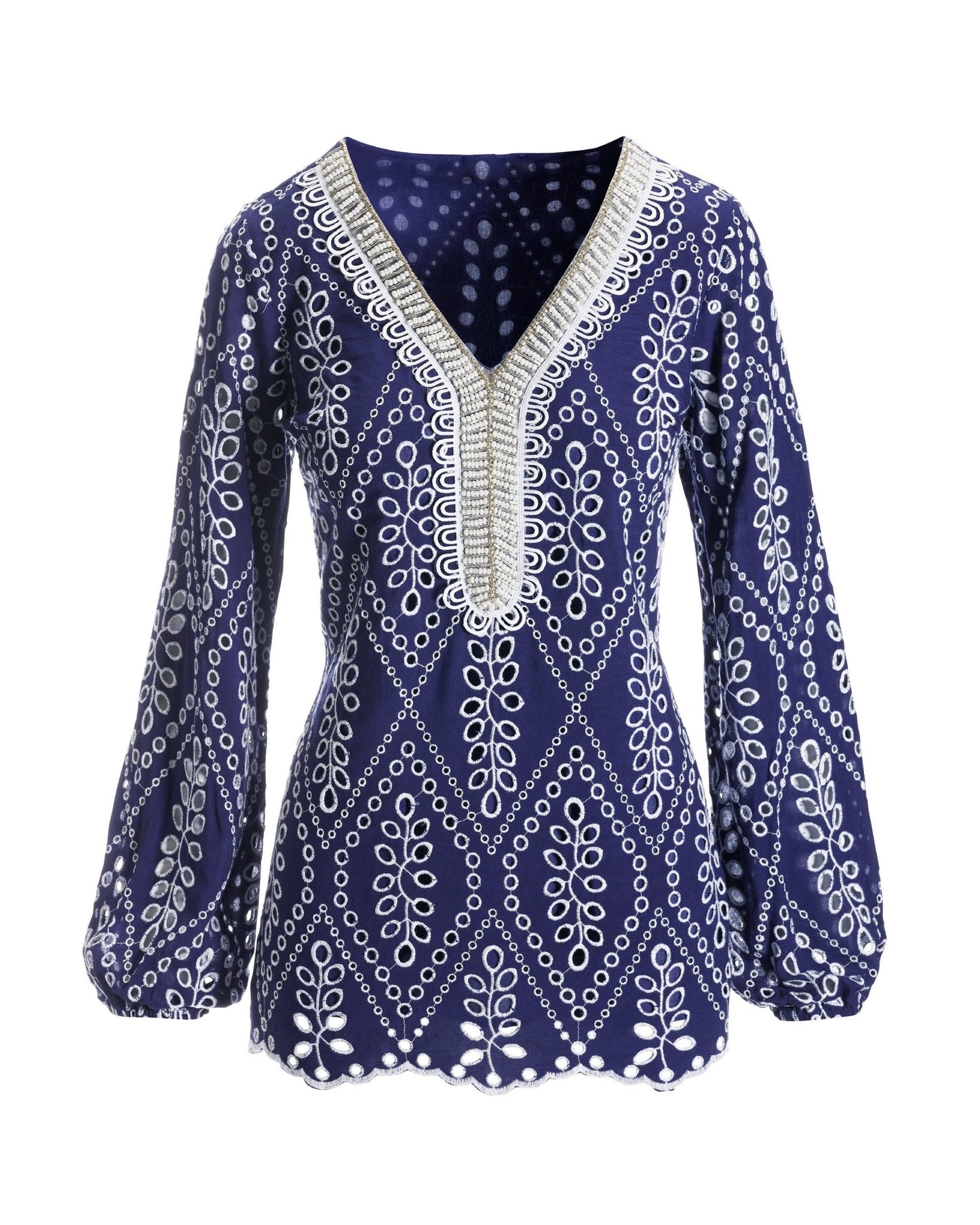 Eyelet Embellished Tunic Top Navy