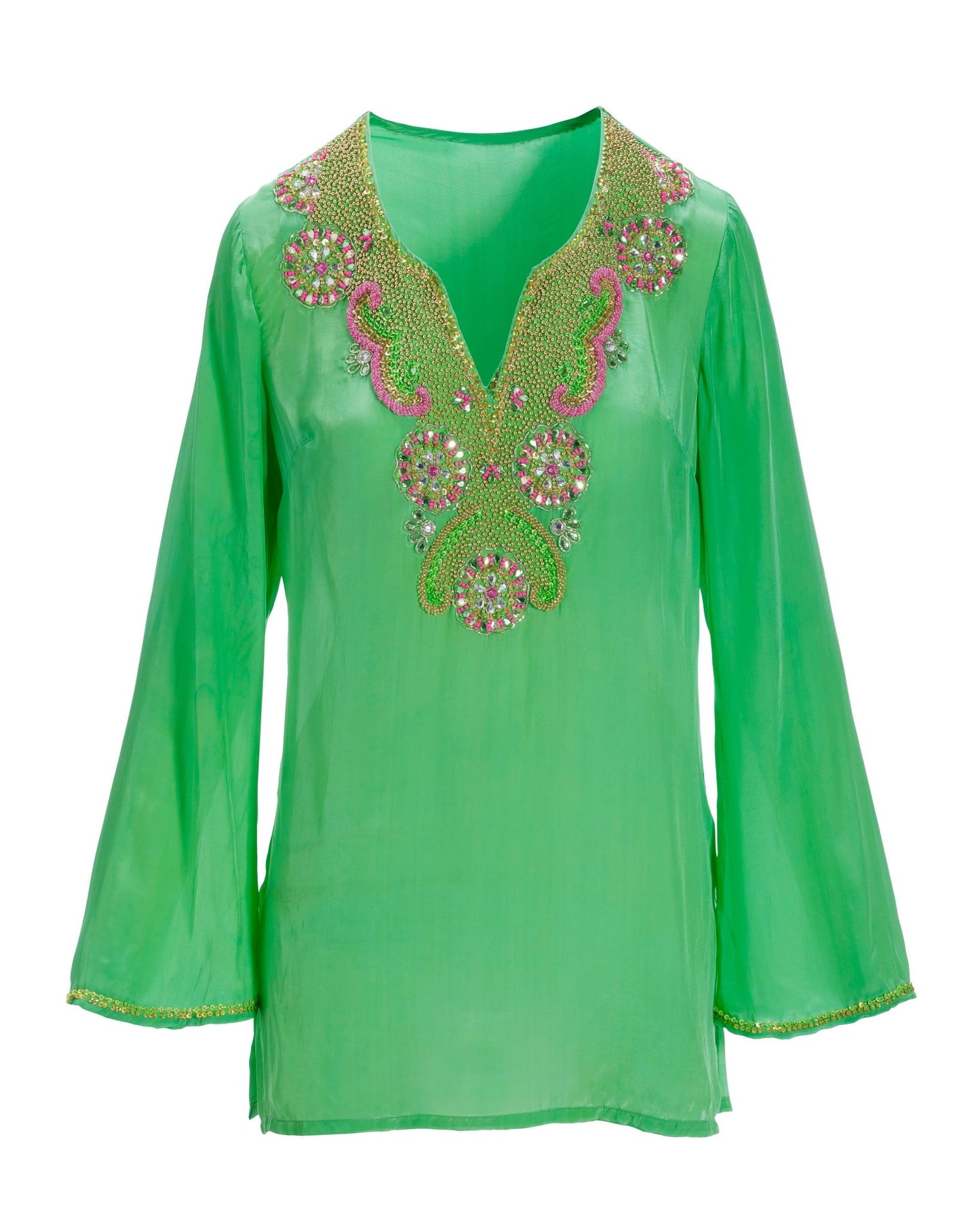 Novelty Beaded V-Neck Tunic Top Green