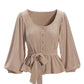 Faux Suede Button Down Puff Sleeve Top Tan