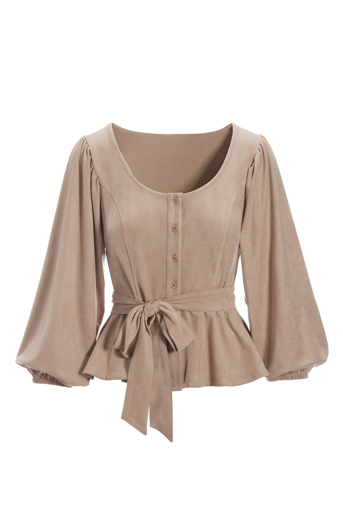 Faux Suede Button Down Puff Sleeve Top Tan