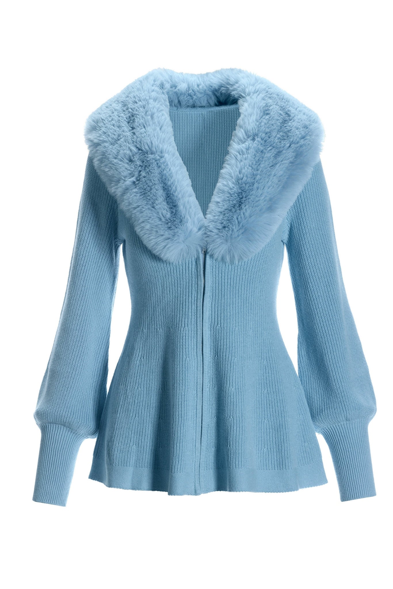 Faux Fur Balloon Sleeve A Line Zip Up Cardigan Airy Blue