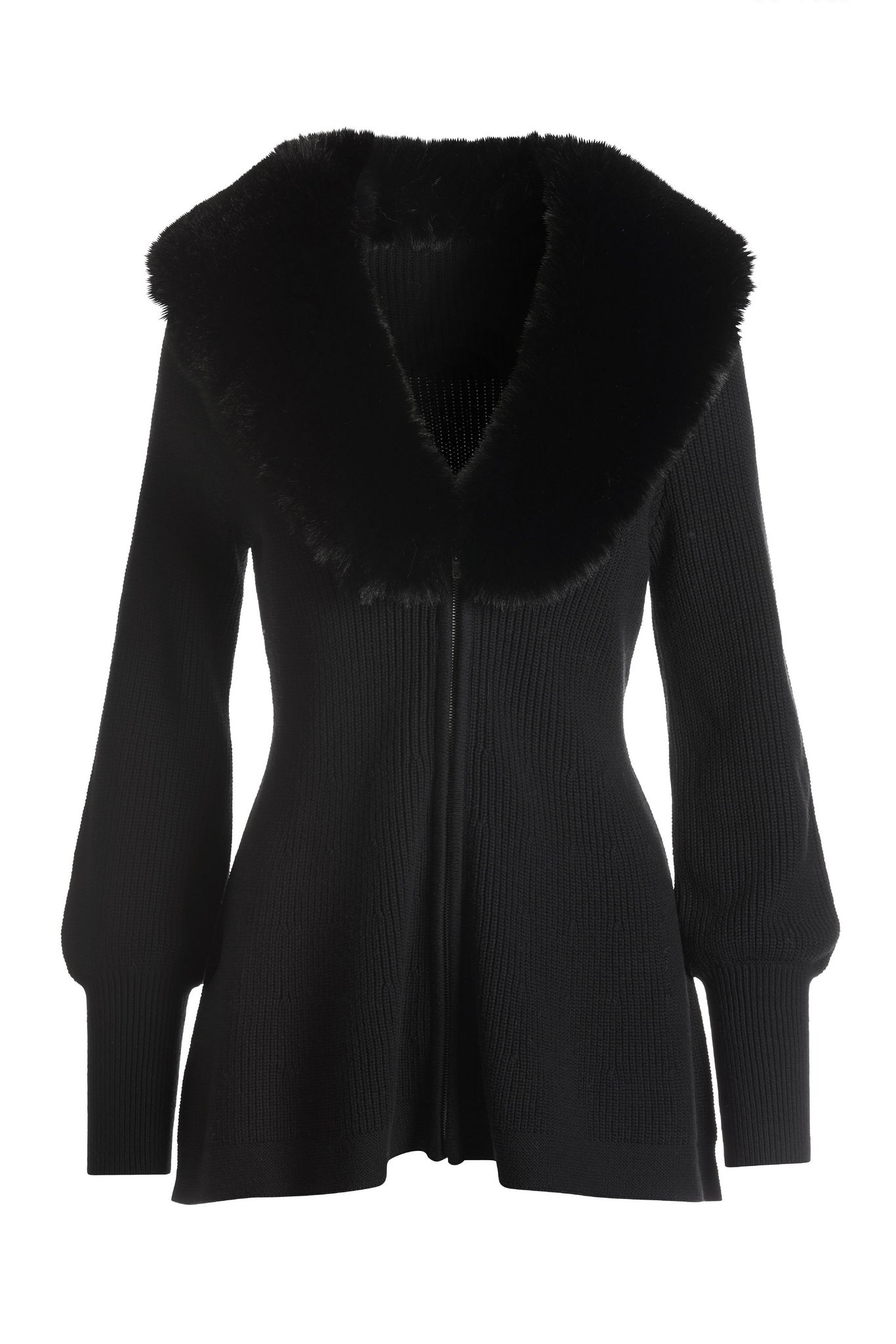 Faux Fur Balloon Sleeve A Line Zip Up Cardigan Black