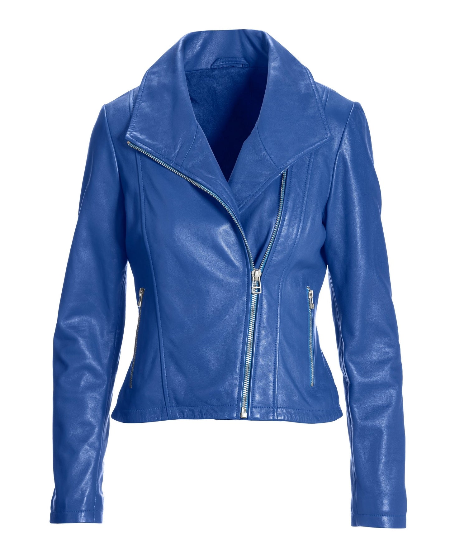 Leather Collared Moto Jacket Lapis Blue