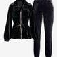 Chic Velour Drawstring Jacket and Jogger Set Black