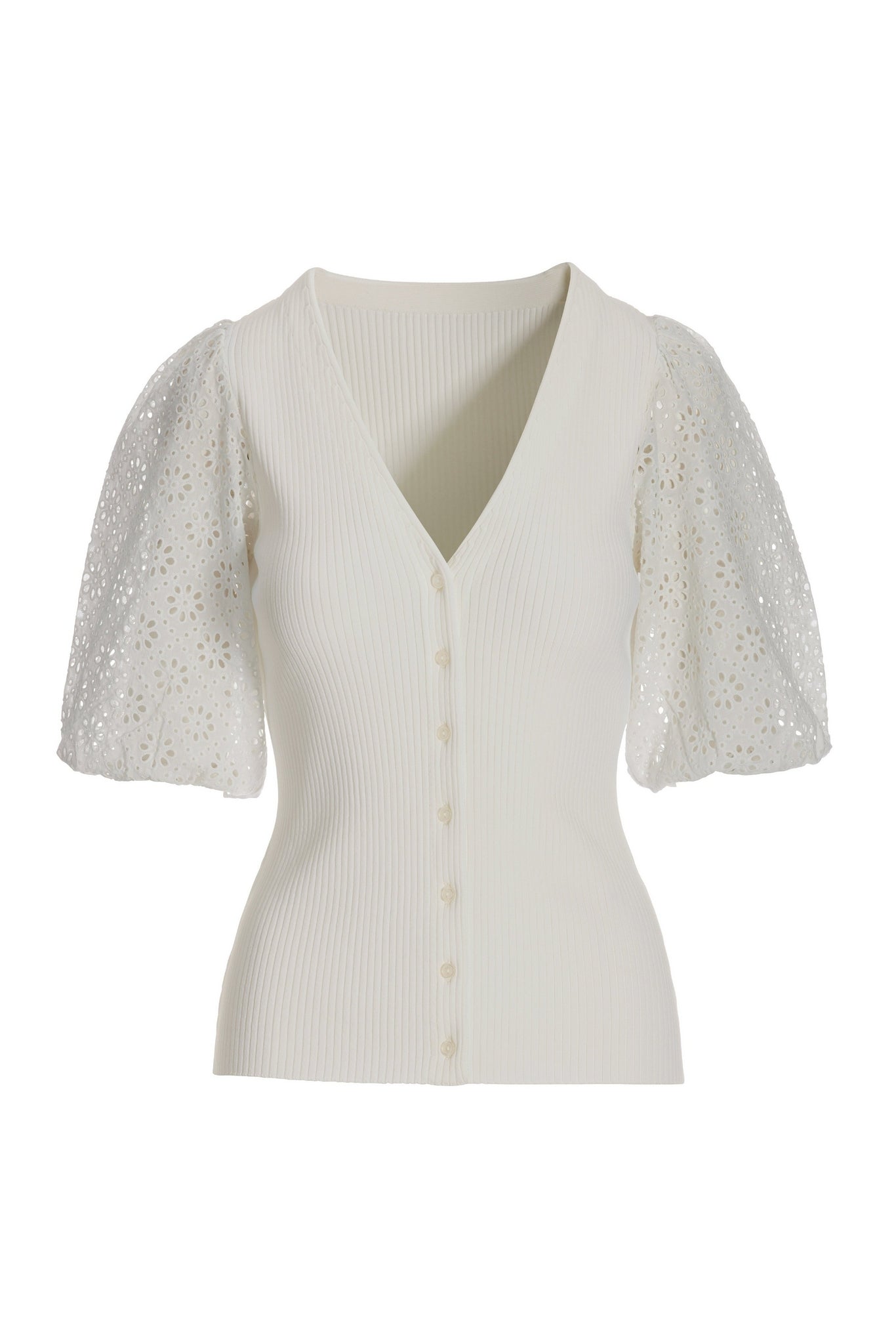 Eyelet Puff Sleeve Cardigan Off White