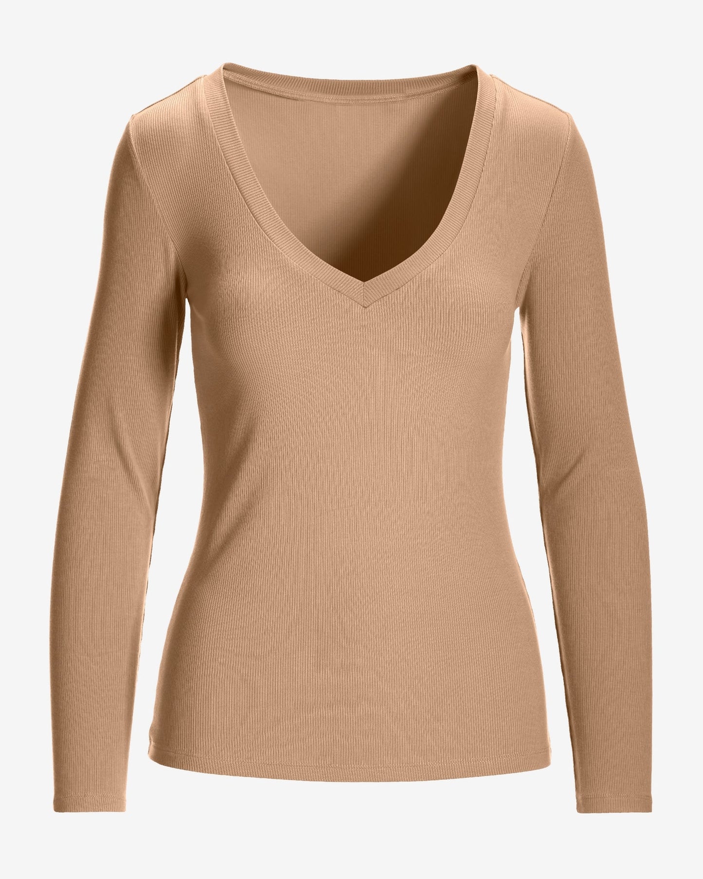 So Essential Ribbed V Neck Long Sleeve Top Sesame