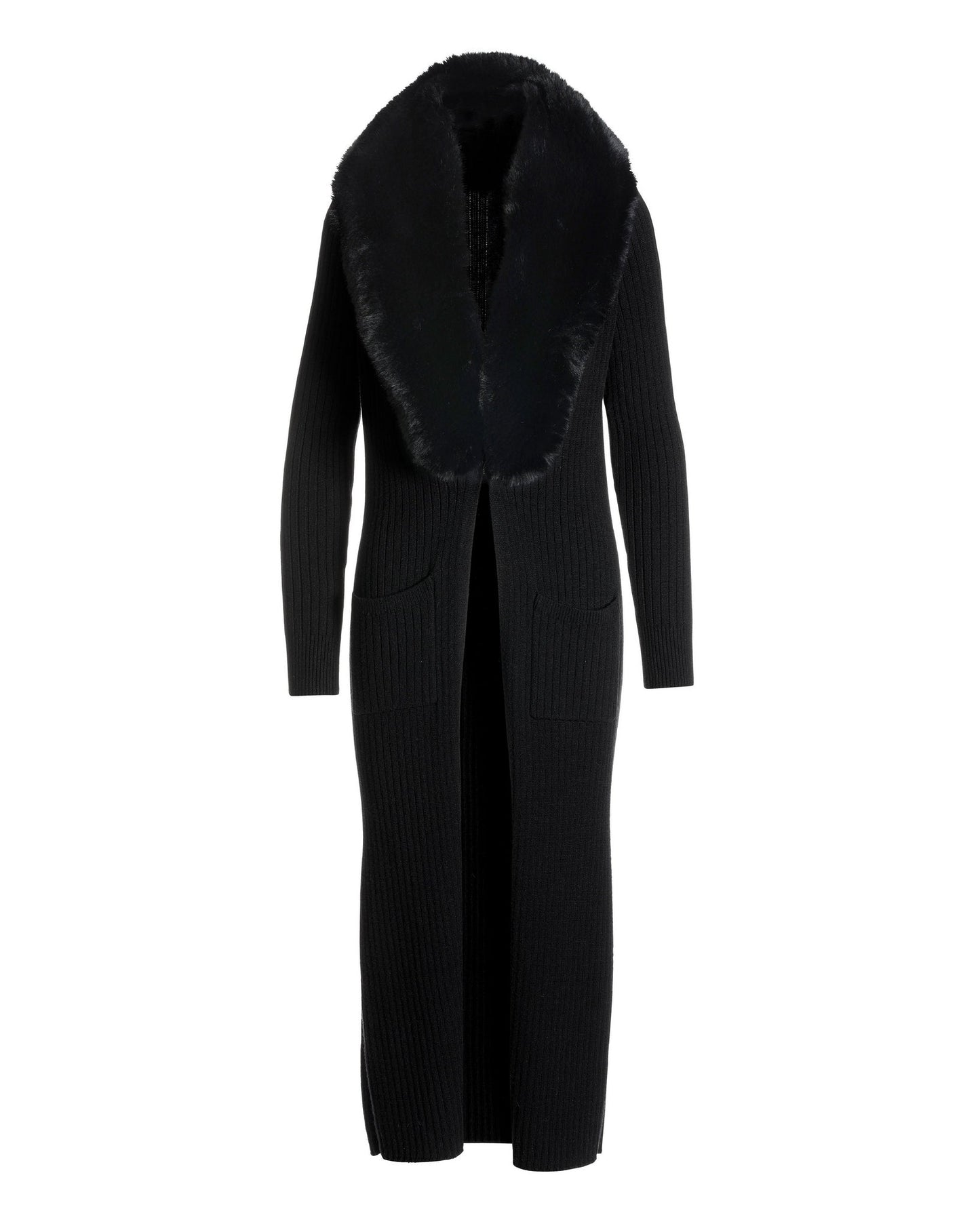 Faux Fur Collar Ribbed Long Cardigan Black/Black