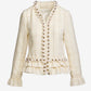 Pearl Trim Tweed Ruffle Detail Jacket Off White