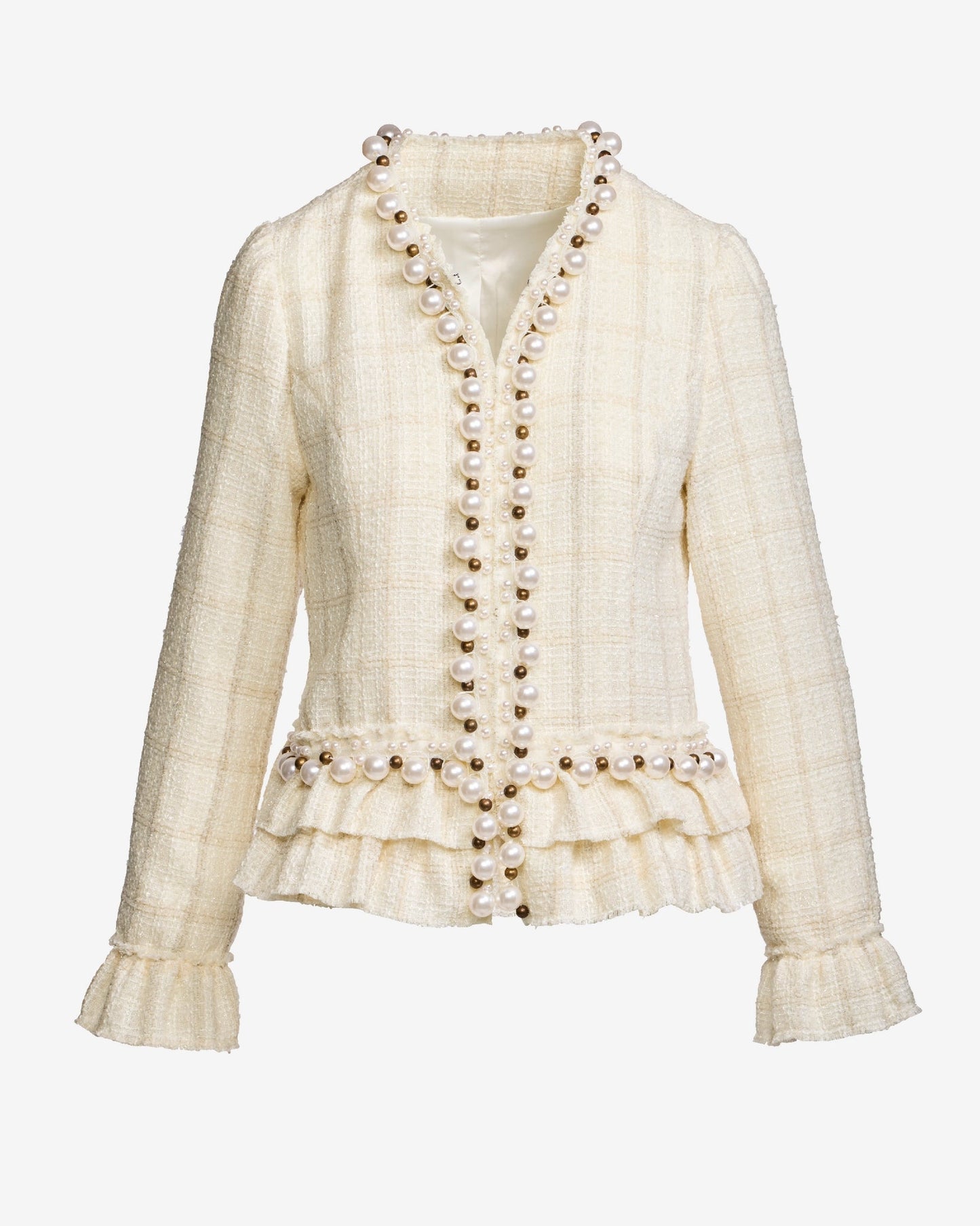 Pearl Trim Tweed Ruffle Detail Jacket Off White