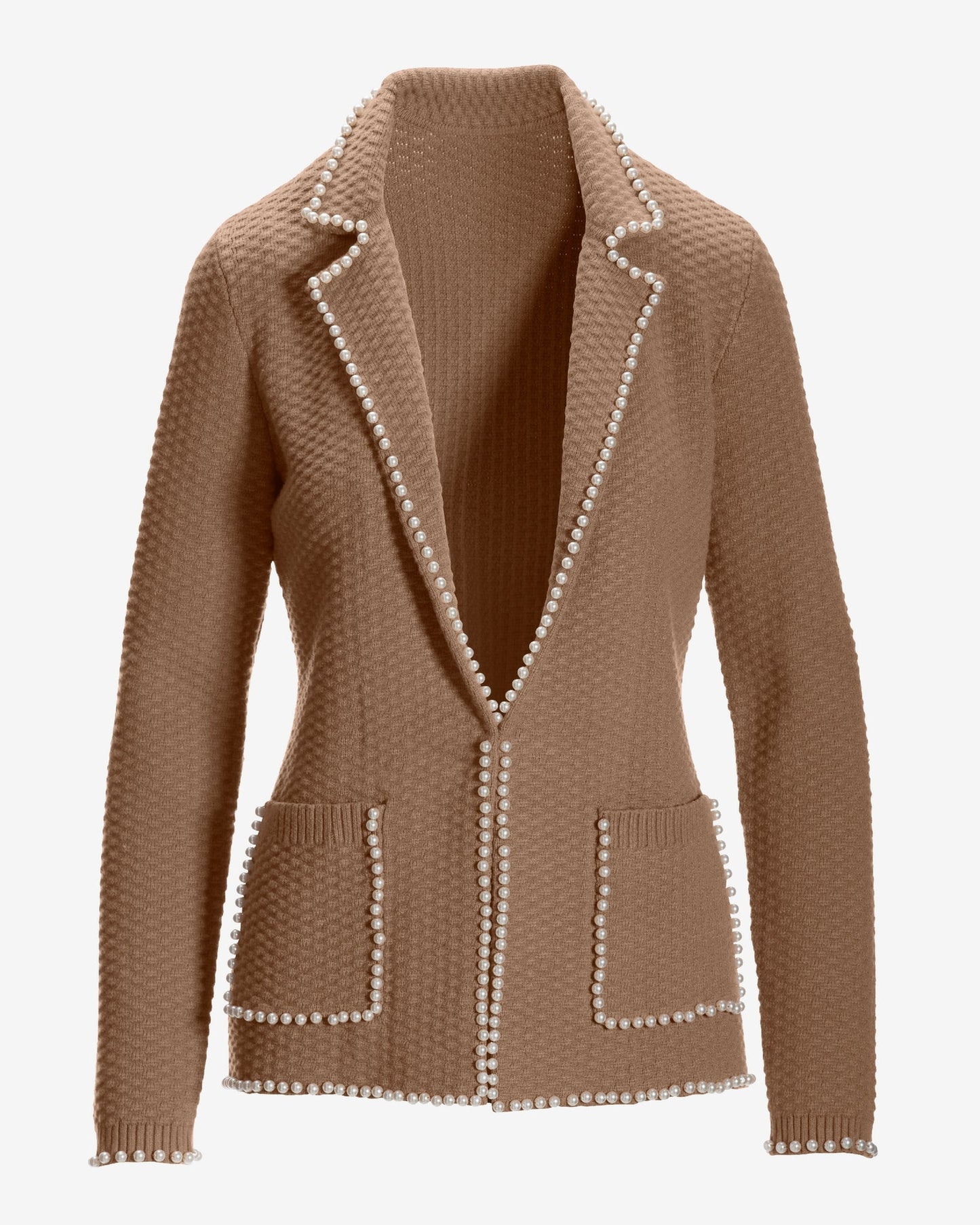 Pearl Embellished Sweater Blazer Tan