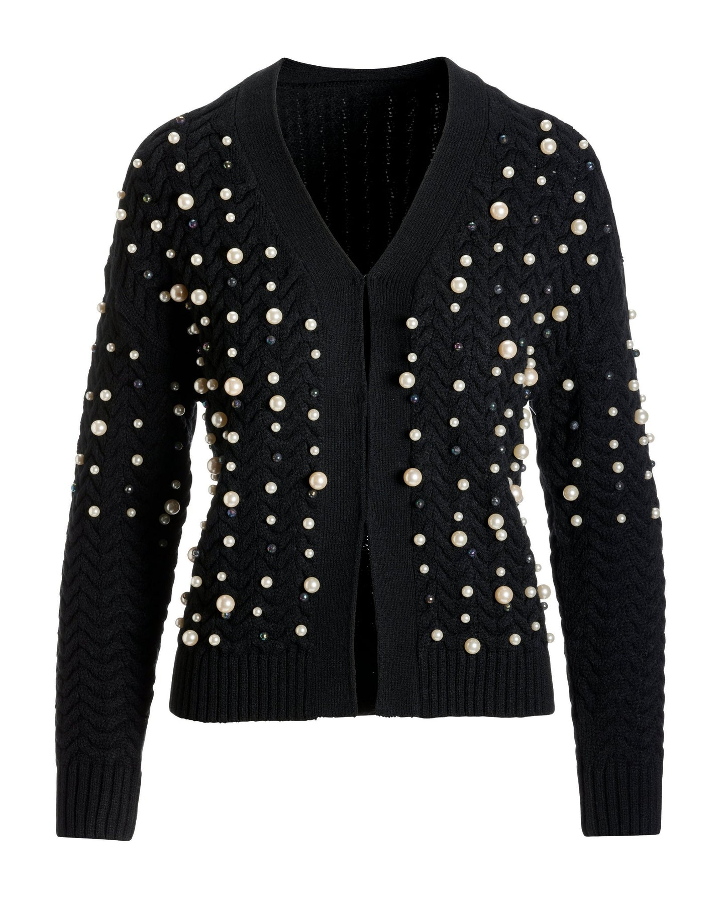 Pearl Embellished Cable Cardigan Black