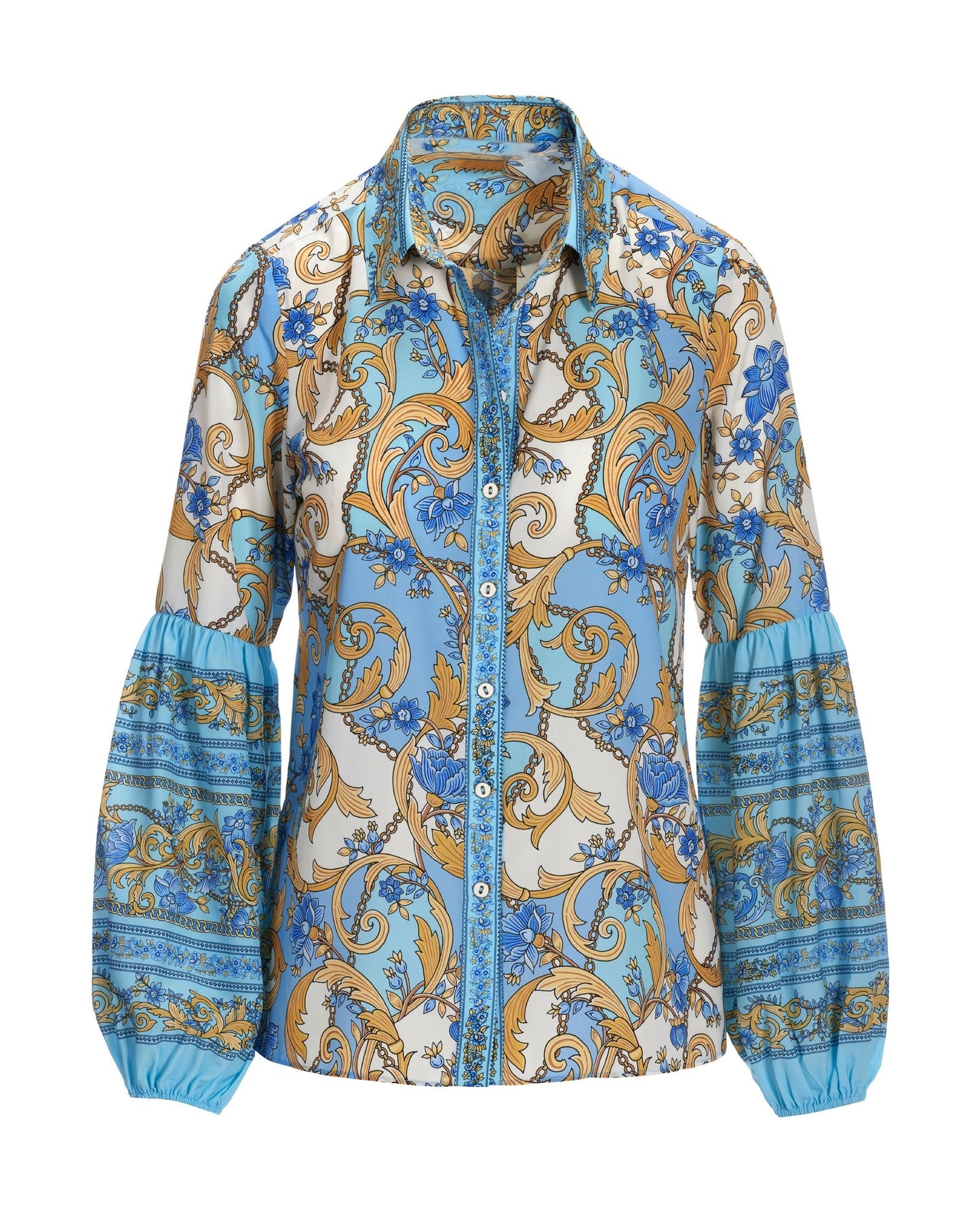 Regal Resort Print Puff Sleeve Shirt Blue/Gold