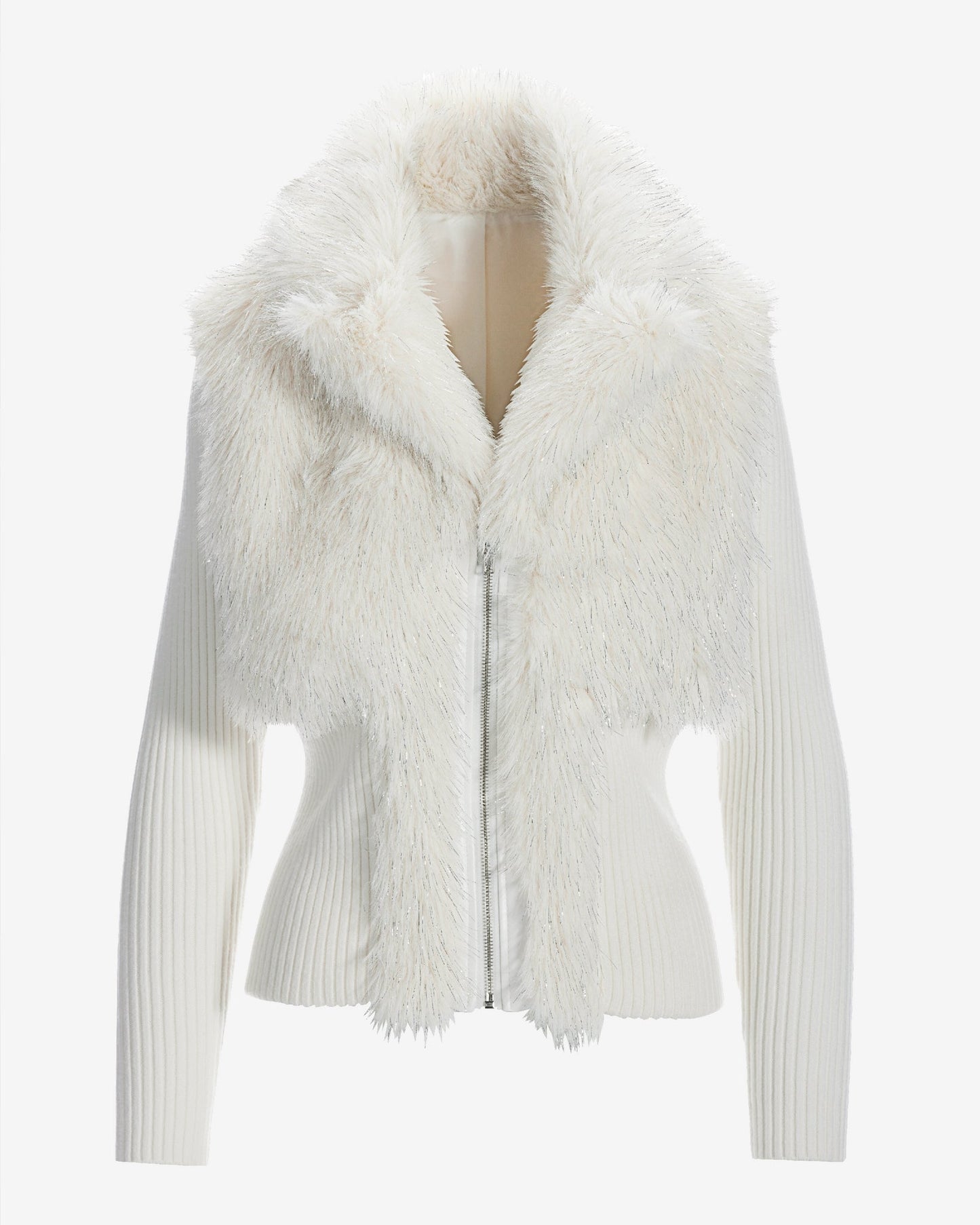 Metallic Faux Fur Zip Up Cardigan Off White