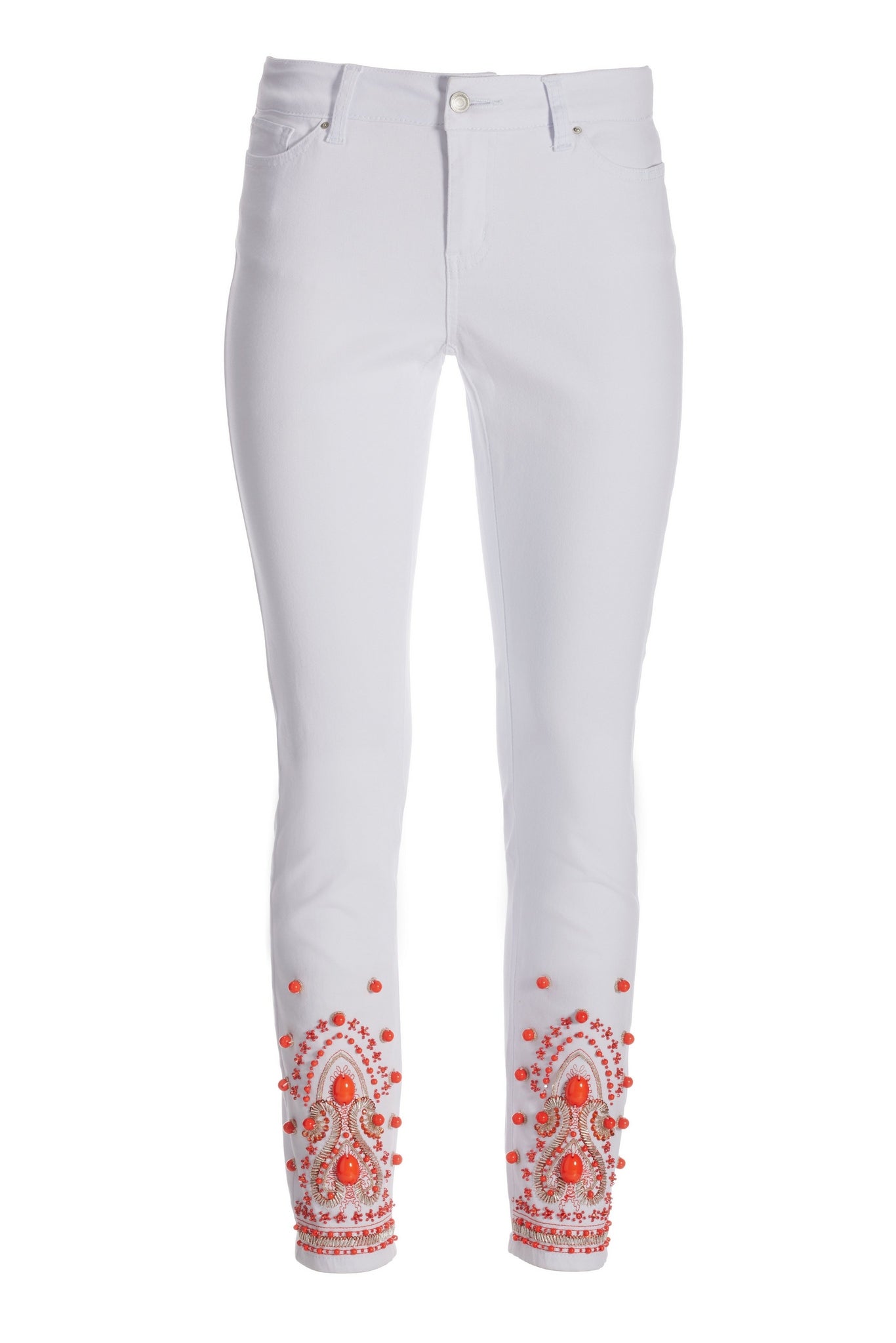 Coral Baubles Embellished Ankle Jean White/Coral