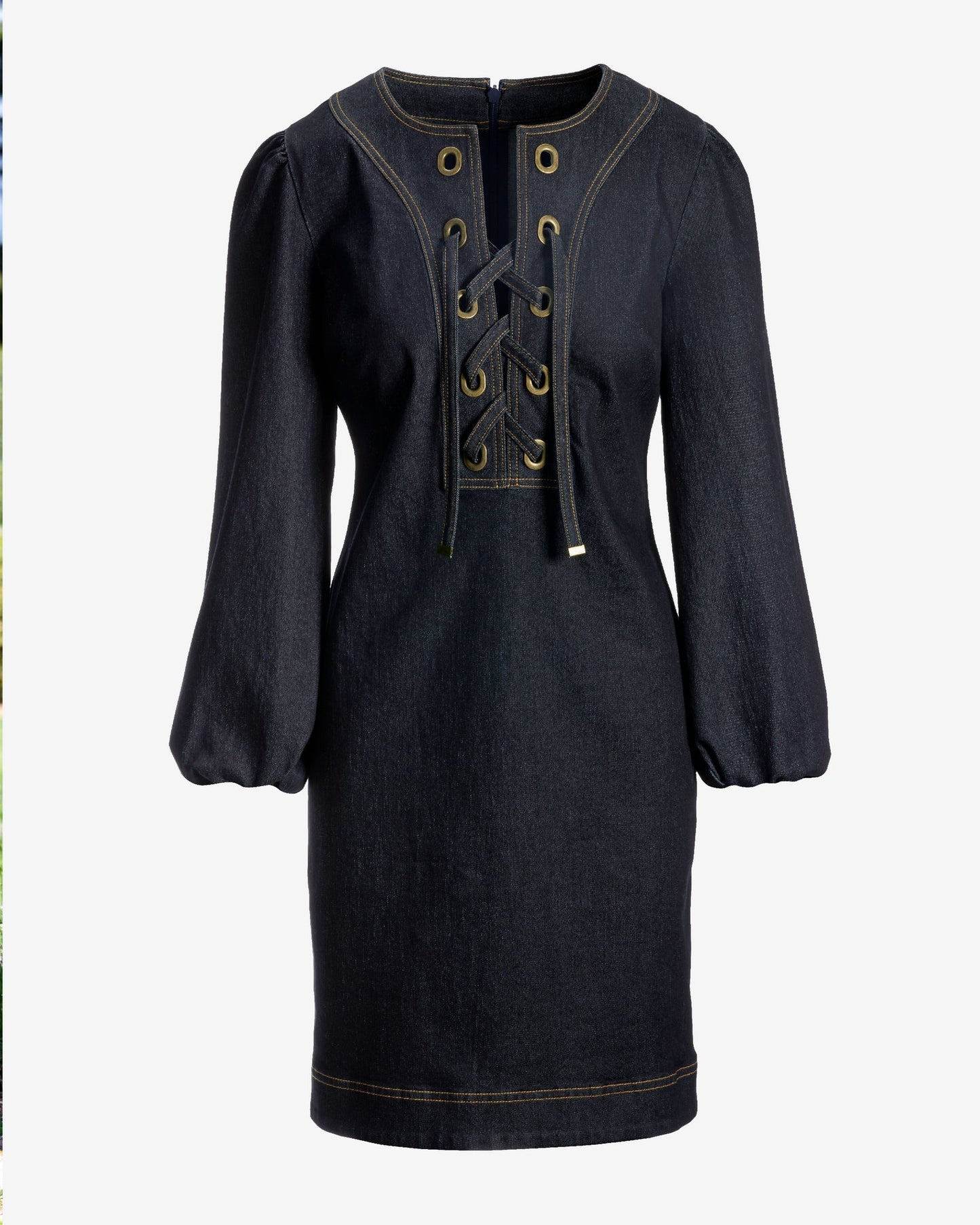 Lace Up Grommet Detail Denim Tunic Dress Dark Rinse