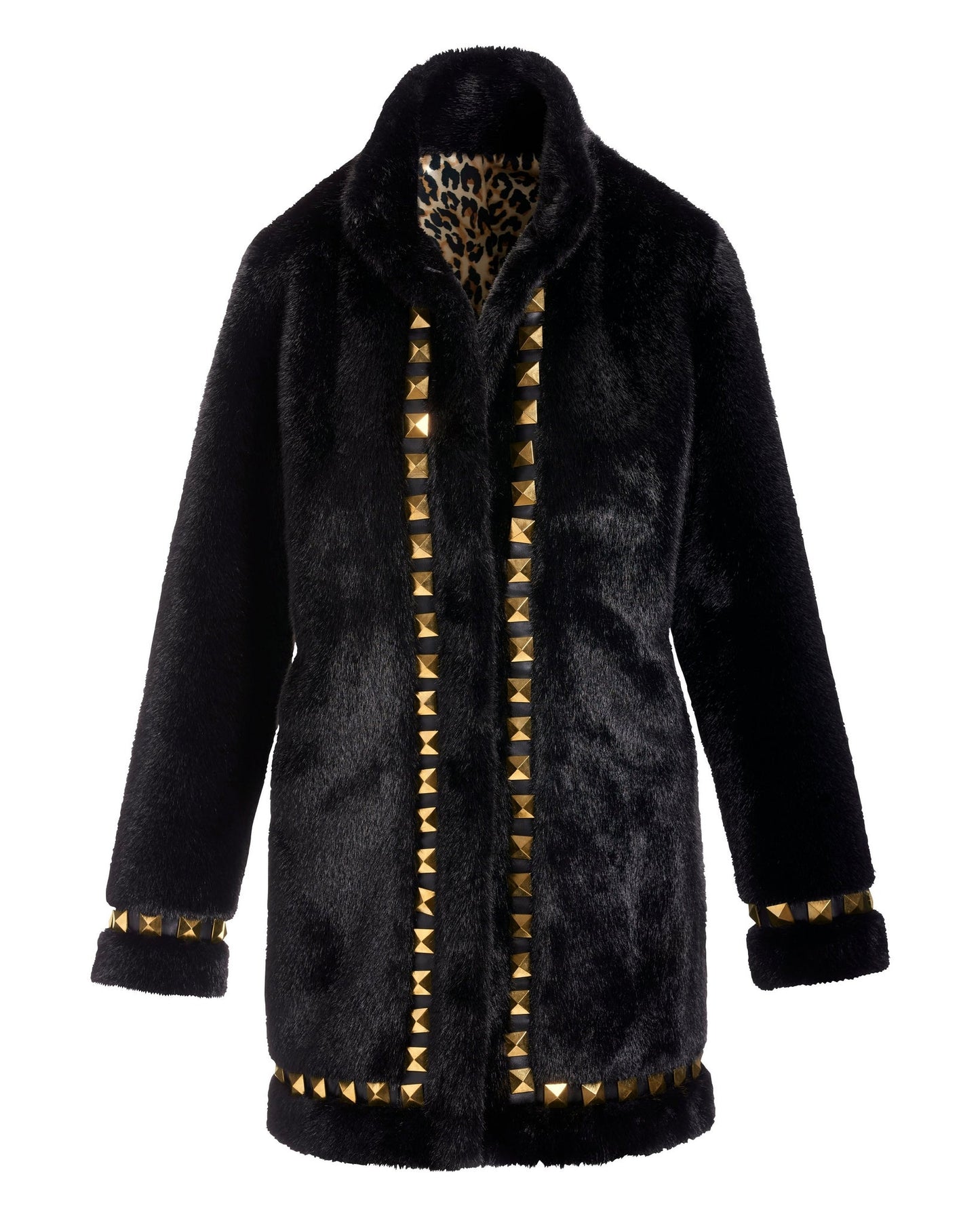 Faux Fur Studded Trim Coat Black