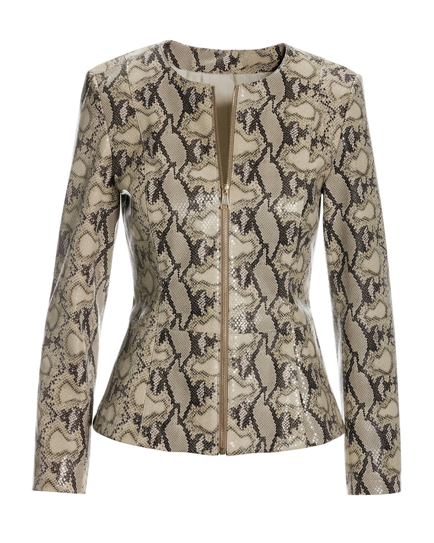 Faux Leather Python Print Collarless Peplum Jacket Multi