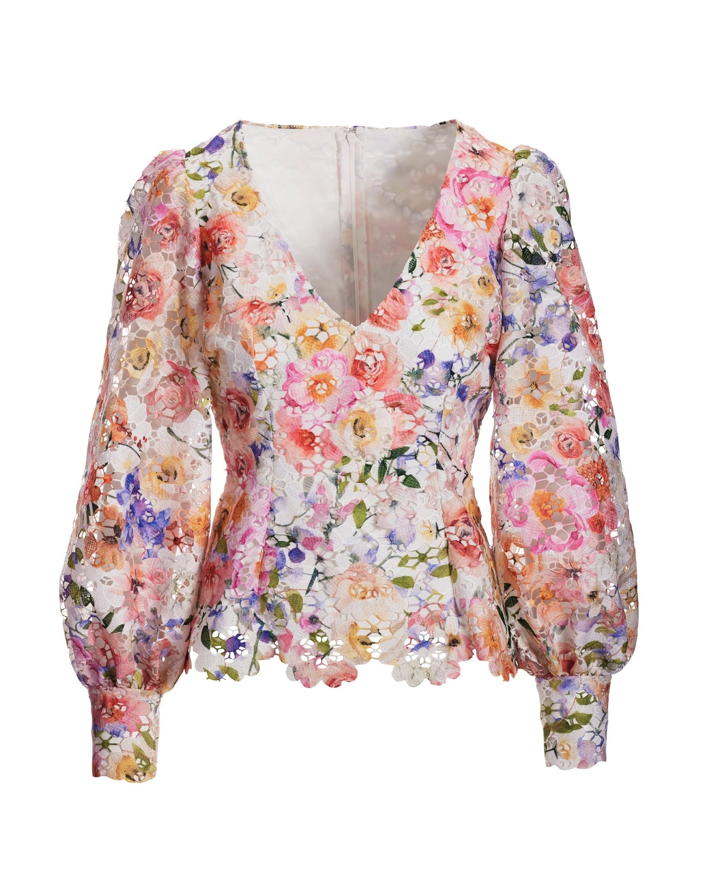 Floral Printed Lace V-Neck Long-Sleeve Blouse White Multi