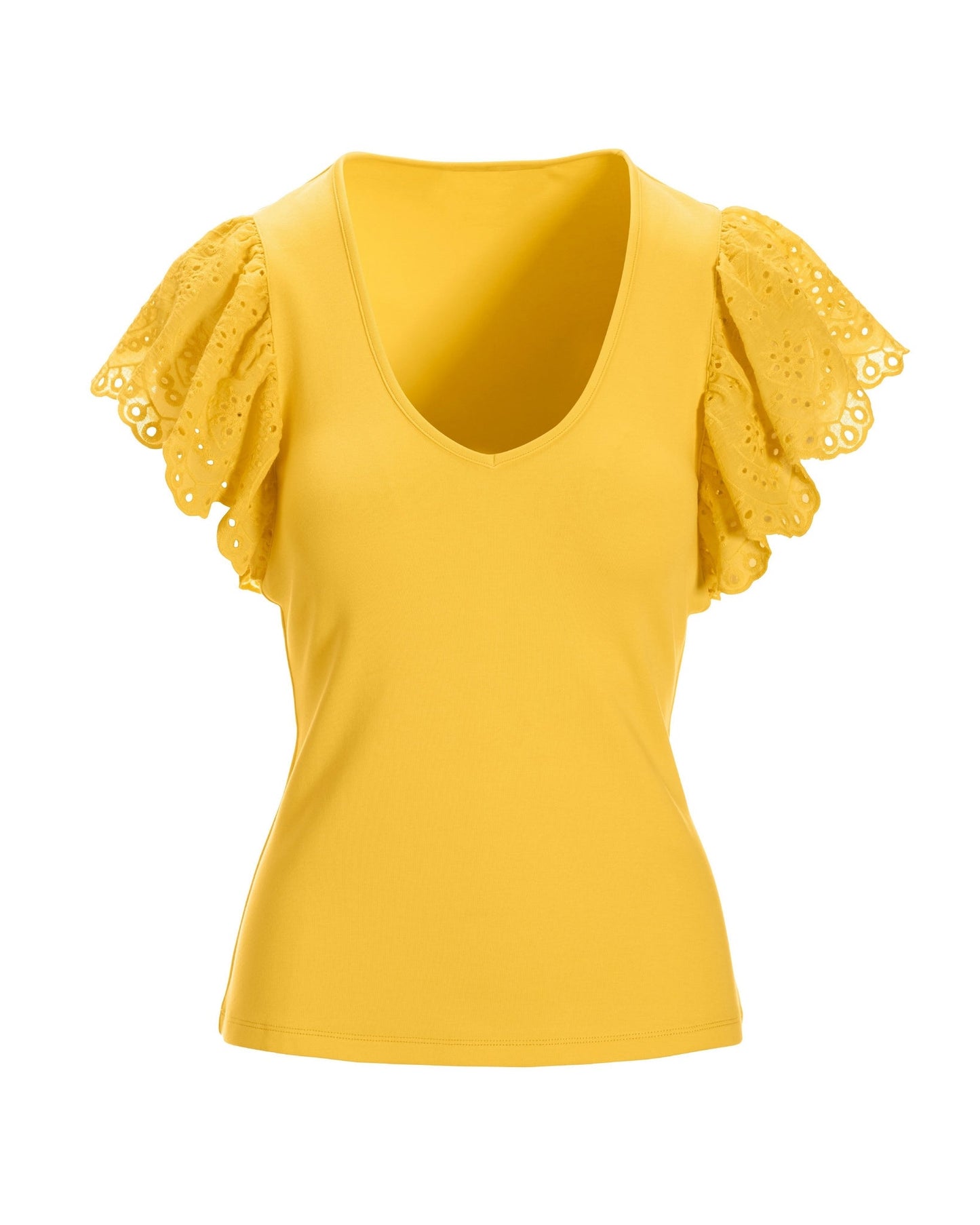 Eyelet-Sleeve V-Neck Knit Top Lemon Drop