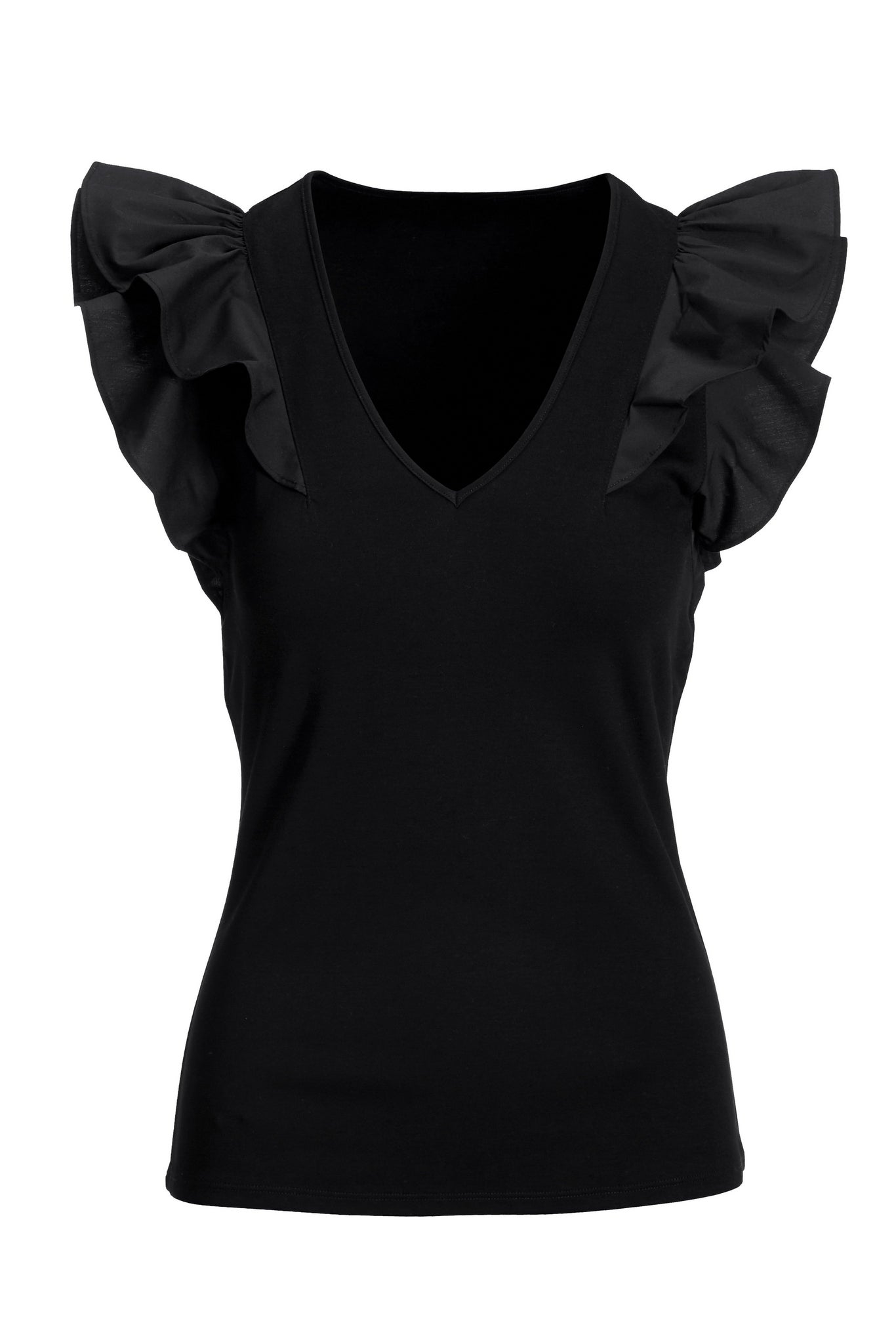 Ruffle Poplin V Neck Top Black