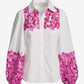 Floral Lace Trim Balloon Sleeve Button Up Poplin Shirt White/Pink