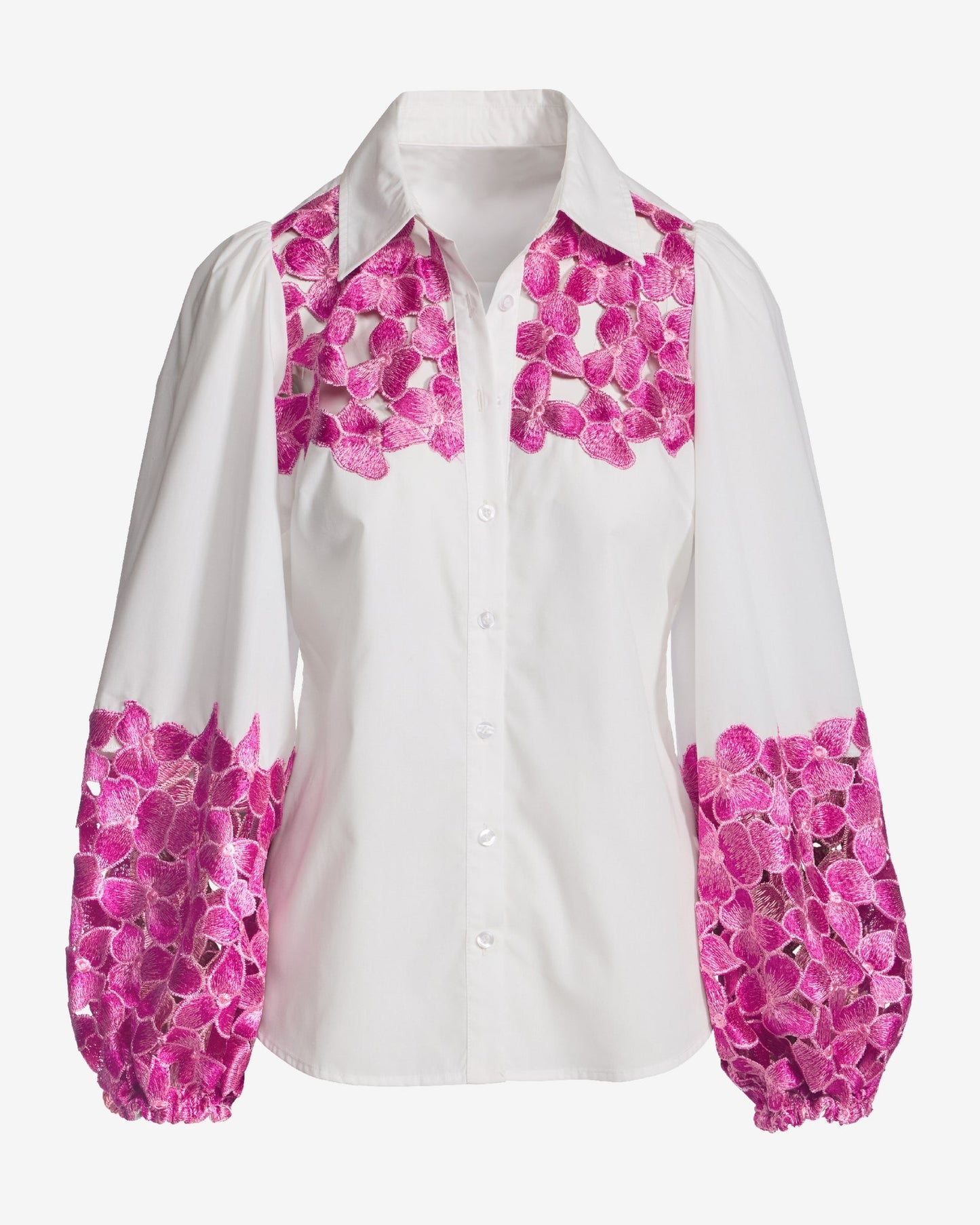Floral Lace Trim Balloon Sleeve Button Up Poplin Shirt White/Pink