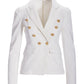 Puff-Sleeve Double-Breasted Denim Blazer White