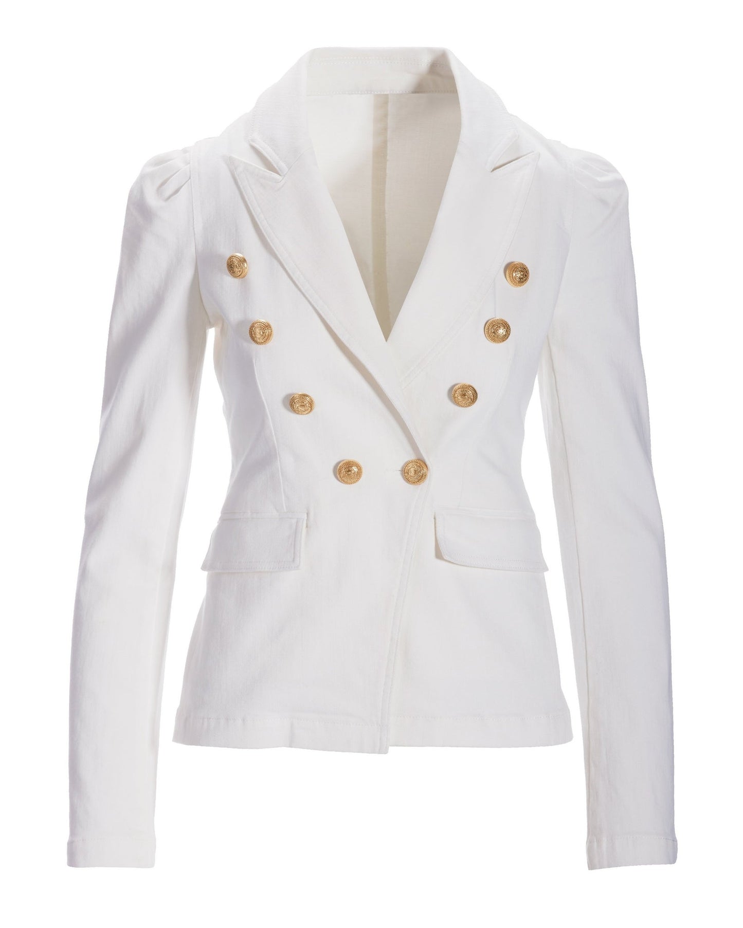 Puff-Sleeve Double-Breasted Denim Blazer White