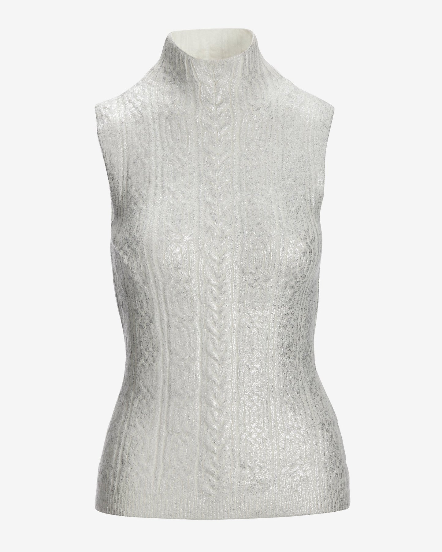 Foil Cable Sleeveless Mock Neck Sweater Off White Silver