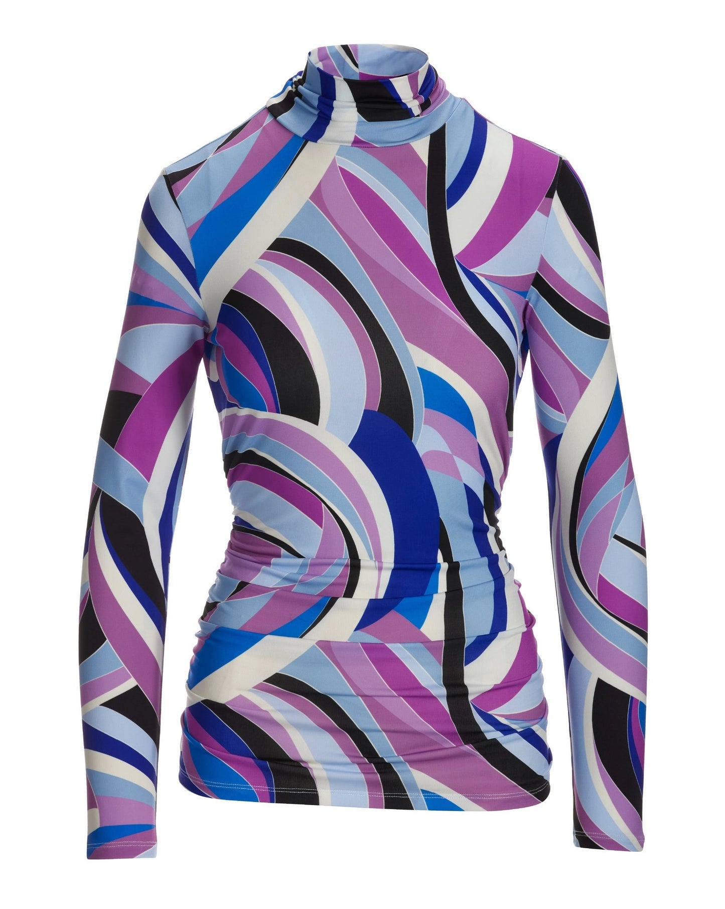 So Chic Aspen Abstract Ruched Turtleneck Top Blue/Purple