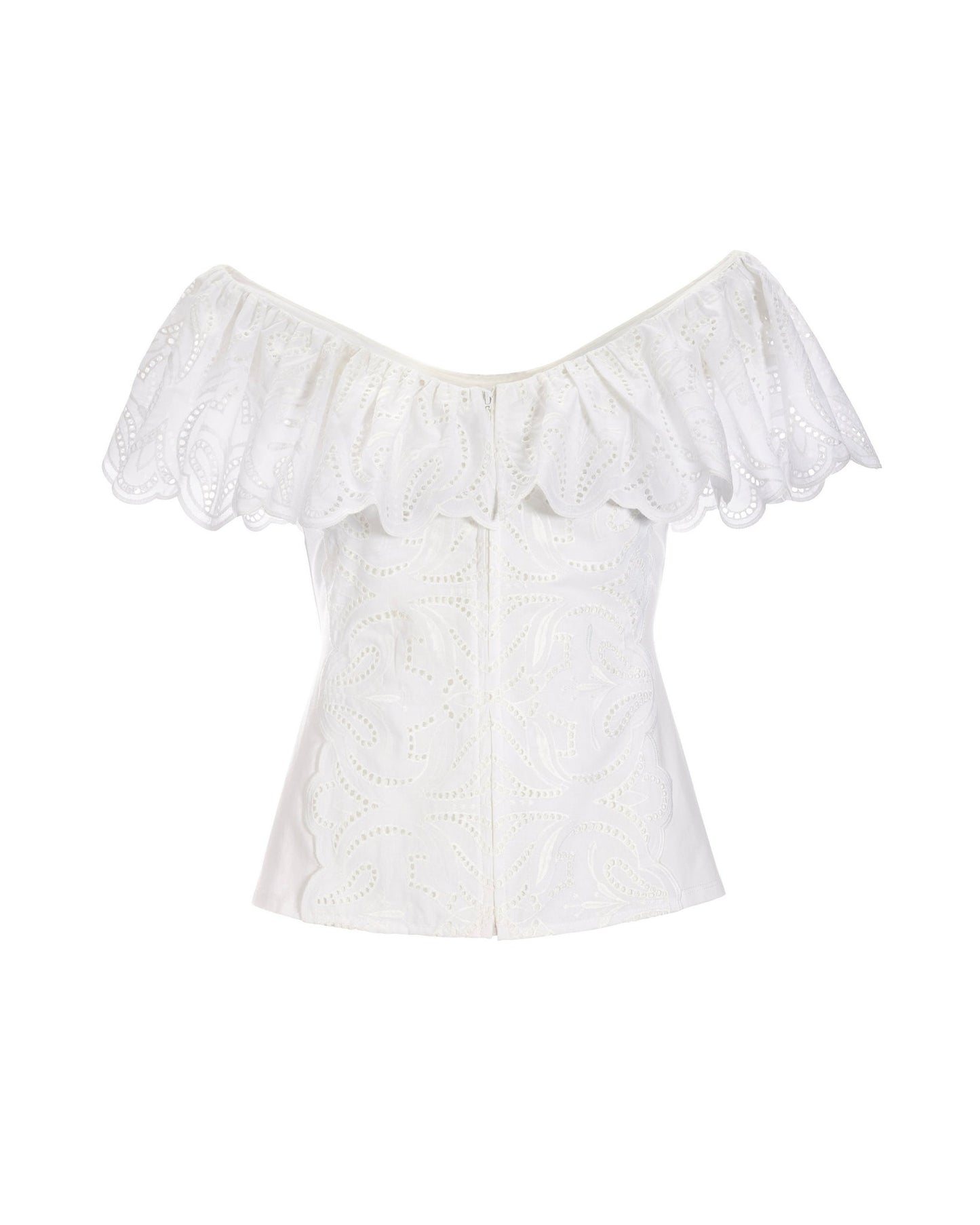 Eyelet Ruffle Zip-Up Top White