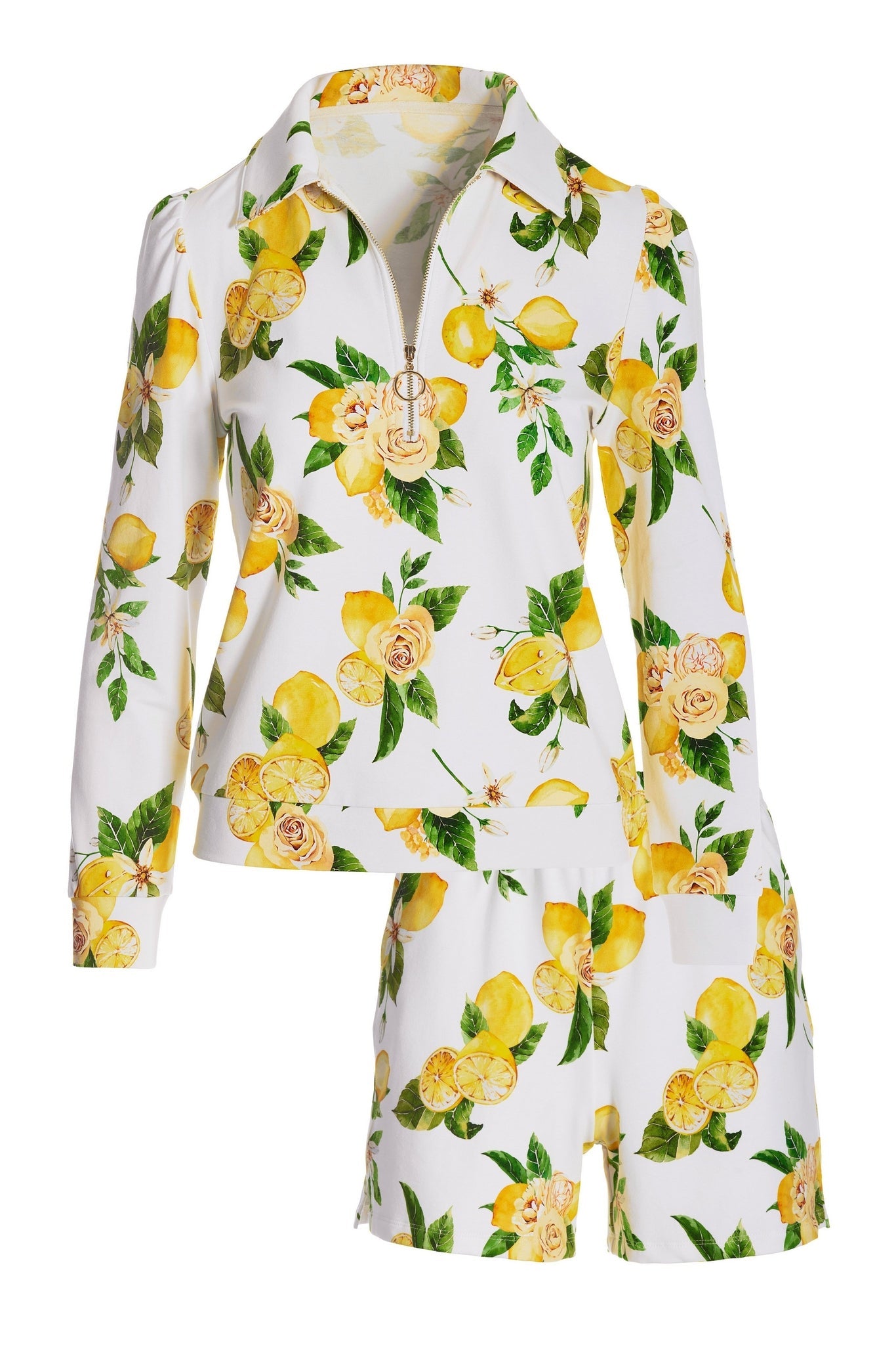 Lemon Half Zip French Terry Short Set White Multi