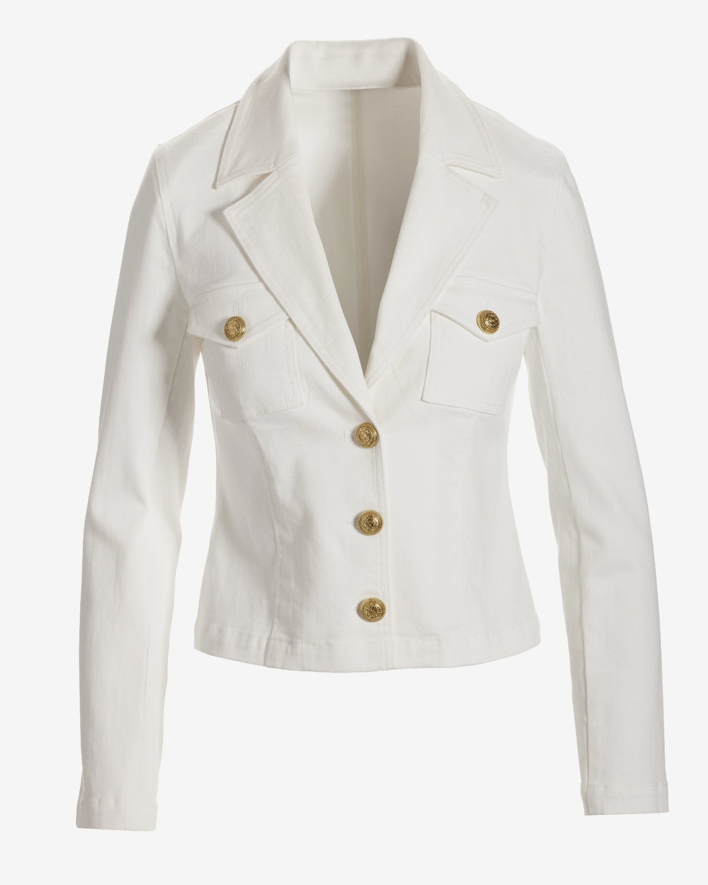 Modern Length Crest Button Luxe Denim Jacket White