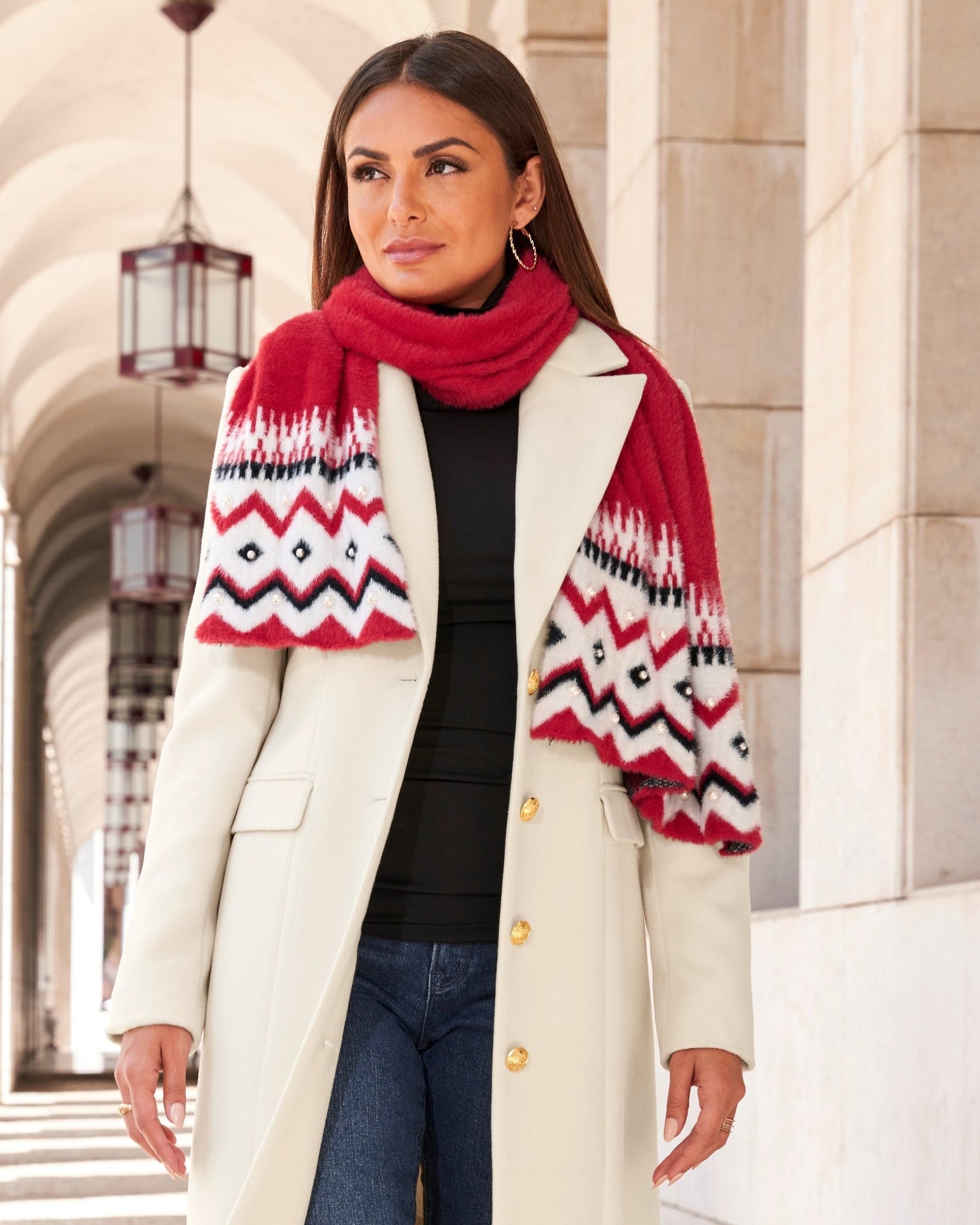 Pearl Embellished Scarf Red Multi